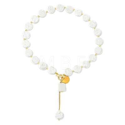 Adjustable White Shell Pearl Coin Bead Lariat Necklaces with 304 Stainless Steel OT Clasps NJEW-JN06027-1