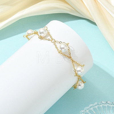 White Round Shell Pearl Brass Link Chain Bracelets for Women BJEW-JB14188-1