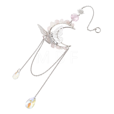 Natural Rose Quartz Chips & Brass Moon & 304 Stainless Steel Butterfly Suncatcher HJEW-TA00449-03-1