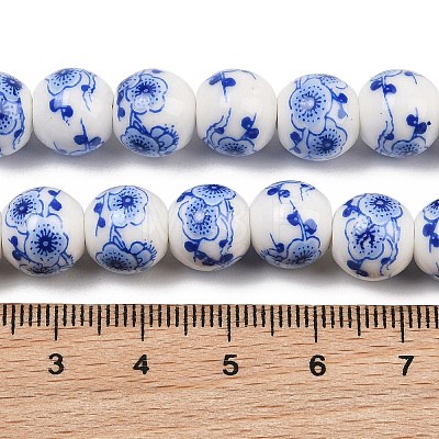 Handmade Flower Printed Porcelain Ceramic Beads Strands PORC-M007-10mm-15-1