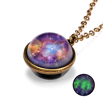 Luminous Glass Planet Pendant Necklace with Antique Golden Alloy Chains PW-WG67491-08-1