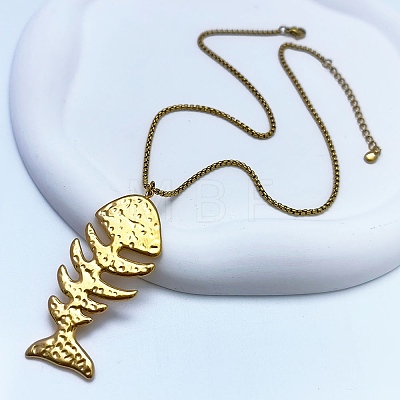 304 Stainless Steel Fish Bone Shaped Pendant Box Chain Necklaces for Women NJEW-L467-01G-1