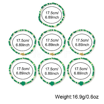 7Pcs 3 Styles Saint Patrick's Day Glass Seed Bead Stretch Bracelets RL8024-1-1