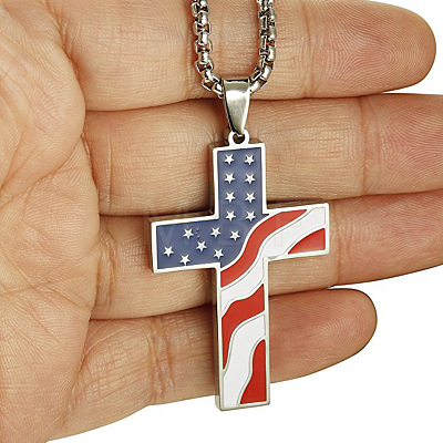 Independence Day Alloy Enamel American Flag Cross Pendant Necklaces for Men FS-WG51290-02-1