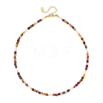 Dyed & Heated Faceted Round Natural Agate and Cultured Freshwater Pearl Beaded Necklaces for Women NJEW-JN06240-01-1