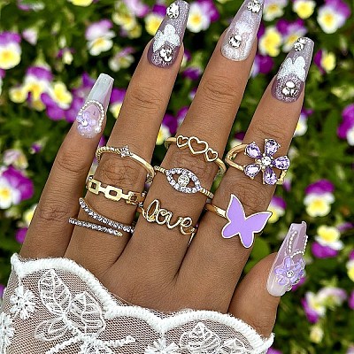 8Pcs 8 Styles Alloy Rhinestone Plain Band Rings PW-WG60FC4-01-1