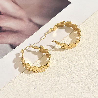 201 Stainless Steel Leaf Hoop Earrings for Women GX4867-1