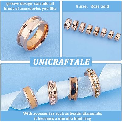 Unicraftale 16pcs 8 Style 201 Stainless Steel Grooved Finger Ring Settings RJEW-UN0001-28-1