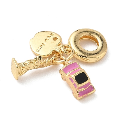 Brass Pink Enamel European Dangle Charms KK-D502-05G-1