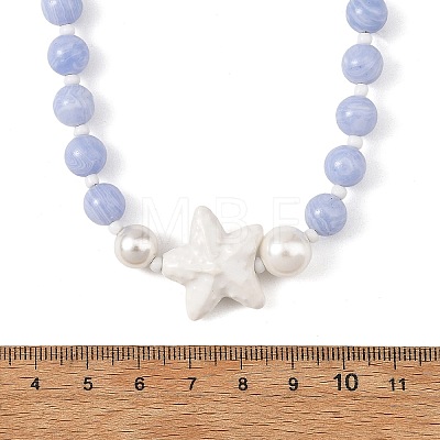 Ocean Handmade Porcelain Starfish & Natural Dyed Blue Lace Agate Round Beaded Necklaces with Brass OT Clasps for Women NJEW-JN06525-1