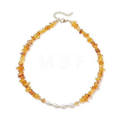 Natural Pearl Rice and Natural Amber Chip Beaded Necklaces NJEW-JN05883-1