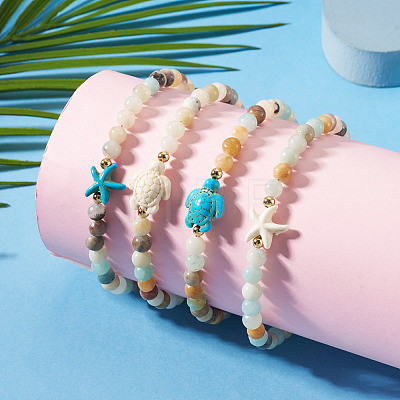 Ocean Dyed Synthetic Turquoise Turtle & Natural Flower Amazonite Round Beaded Anklets AJEW-TA00063-1