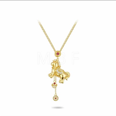 Brass Pave Clear & Red Cubic Zirconia Lucky Horse Pendant Coin Tassel Necklaces for Women WGC918A-02-1