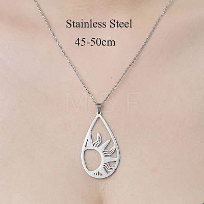 201 Stainless Steel Hollow Teardrop with Sun Pendant Necklace NJEW-OY002-27-1