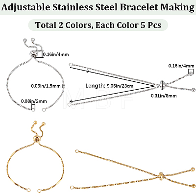 Beebeecraft 10Pcs 2 Colors Adjustable 304 Stainless Steel Bracelet Making STAS-BBC0004-83-1