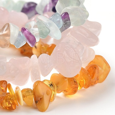 Chips Natural Amber & Fluorite & Rose Quartz Beaded Stretch Bracelets Sets X-BJEW-JB05332-02-1