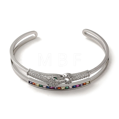 Brass Pave Colorful Cubic Zirconia Leopard Open Cuff Bangle for Women BJEW-K246-22C-P-1