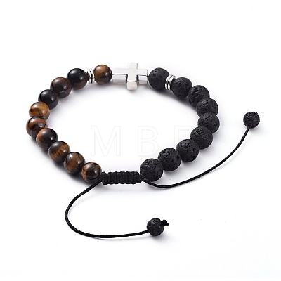 Natural Lava Rock & Tiger Eye Beads Adjustable Braided Bracelets BJEW-JB04987-02-1