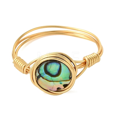 Copper Wired Natural Abalone Shell/Paua Shell Finger Rings for Women RJEW-JR01055-1
