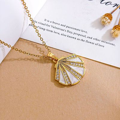 Ocean Brass Micro Pave Clear Cubic Zirconia Enamel Shell Shape Pendant Necklaces for Women WGFFEAA-03-1