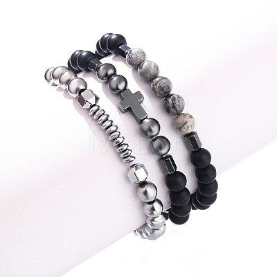 3Pcs Synthetic Non-magnetic Hematite & Natural Picture Jasper & Map Stone Beaded Stretch Bracelets Set for Men WG2E47F-01-1