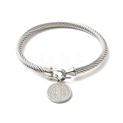304 Stainless Steel Saint Benedict Charms Twist Rope Bangle for Women BJEW-P283-06C-1