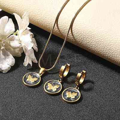 304 Stainless Steel Enamel Pendant Necklaces & Hoop Earring Set for Women SJEW-C007-03G-01-1