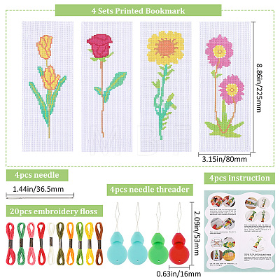 Gorgecraft 4 Sets 4 Style DIY Flower Bookmark Cross-Stitch Kit DIY-GF0009-28-1