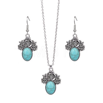 Bohemian Style Alloy & Synthetic Turquoise Pendant Necklaces & Dangle Earrings Sets WG2E1B4-03-1