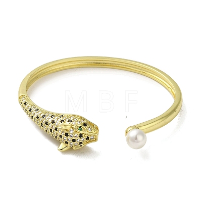 Brass Pave Clear & Green Cubic Zirconia Leopard Open Cuff Bangle for Women BJEW-K246-18G-1