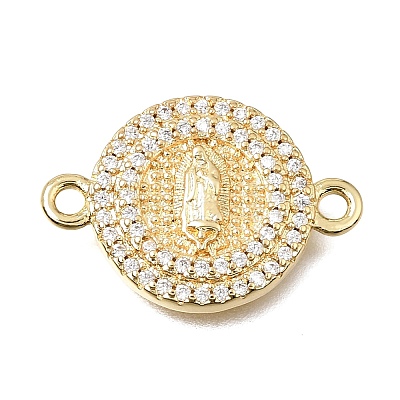 Brass Micro Pave Clear Cubic Zirconia Religion Flat Round Connector Charms KK-E802-31A-G-1