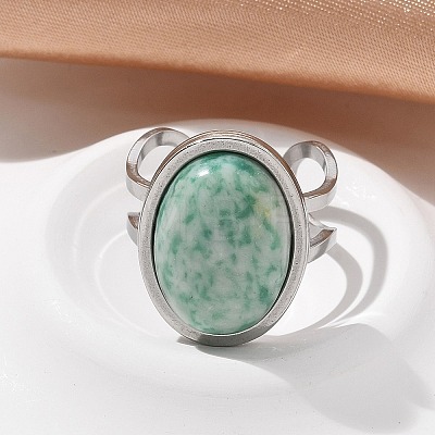 Oval Natural Green Spot Jasper Finger Rings RJEW-M062-02P-13-1