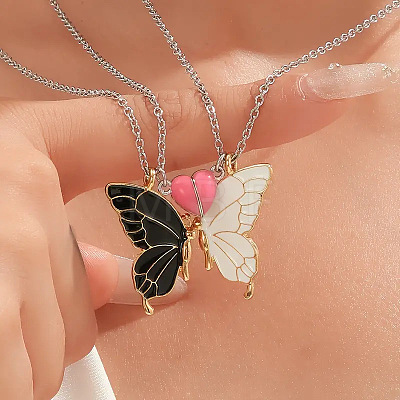 2Pcs Alloy Enamel Magnetic Luminous Butterfly Pendant Friendship Couple Necklaces FS-WG3F676-02-1