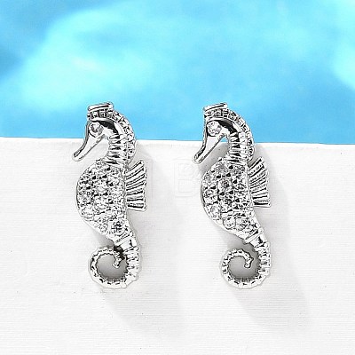 Sea Horse Brass Micro Pave Cubic Zirconia Ear Studs EJEW-D304-38P-1