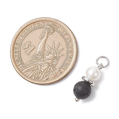 Natural Lava Rock & Shell Pearl Round Pendants PALLOY-JF04718-1
