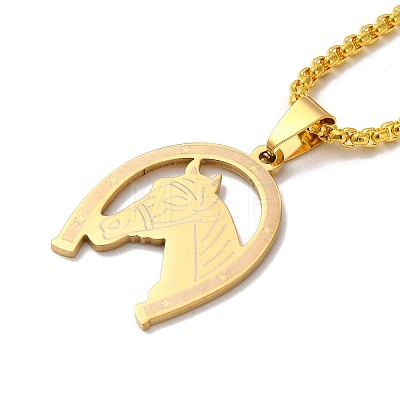 Horseshoe with Horse Head 201 Stainless Steel Pendant Necklace with Iron Box Chains NJEW-D048-01G-1