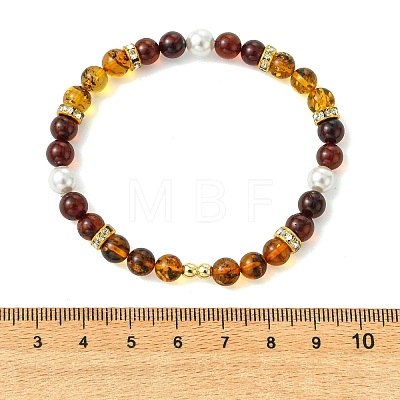 Nautral Amber & Shell Pearl Round Beads Stretch Bracelets for Women BJEW-JB13897-1
