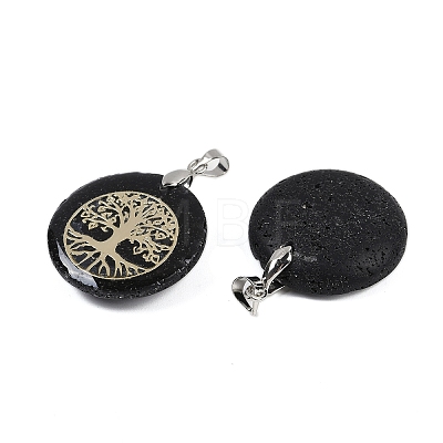 Natural Lava Rock Flat Round Pendants G-Q188-01P-15-1