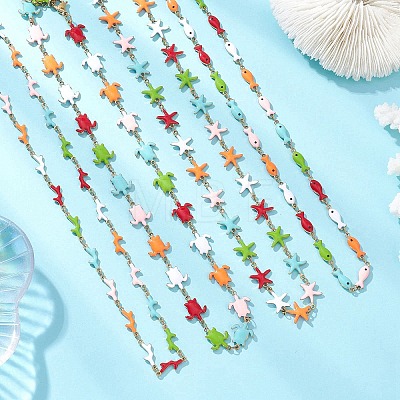 Ocean 304 Stainless Steel Colorful Enamel Starfish Fish Turtle Link Chain Necklaces for Women NJEW-JN05806-1