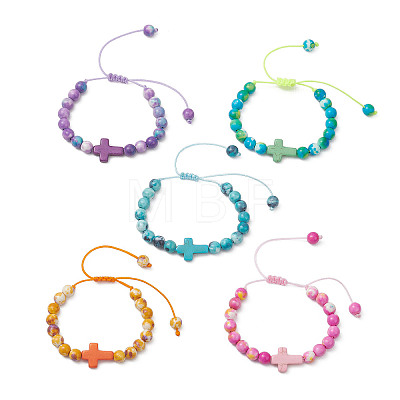 Dyed Natural Ocean White Jade & Synthetic Ocean White Jade & Dyed Turquoise Round Beads Braided Bead Bracelets for Women BJEW-JB13118-1