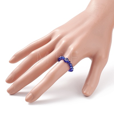 Lampwork Evil Eye & Glass Beaded Stretch Finger Ring for Women RJEW-JR00483-01-1