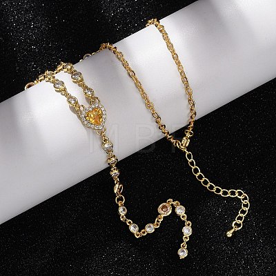 Brass Pave Cubic Zirconia Heart Pendant Y Tassel Necklaces for Women NJEW-A071-01G-03-1