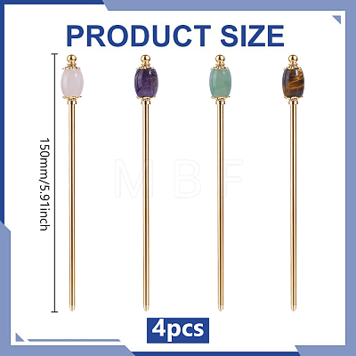 4Pcs Natural Tiger Eye & Natural Green Aventurine & Natural Amethyst & Natural Rose Quartz & Brass Hair Sticks OHAR-ME00002-1