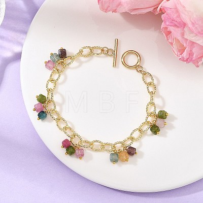 Natural Mixed Gemstone Faceted Cube Beads Tassel Brass Textured Cable Chain Bracelets for Women BJEW-JB14335-1