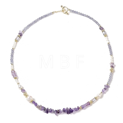 Natural Amethyst & Pearl Beaded Necklaces NJEW-L119-09G-1