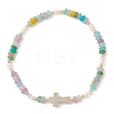Brass Micro Pave Clear Cubic Zirconia Cross & Natural Pearl & White Jade Rondelle Beads Stretch Bracelets for Women BJEW-JB13114-1