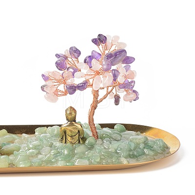 Natural Amethyst Money & Rose Quartz Tree Buddha Sculpture Set Incense Burner & Natural Green Aventurine on Trays for Wealth DJEW-G027-19RG-08-1