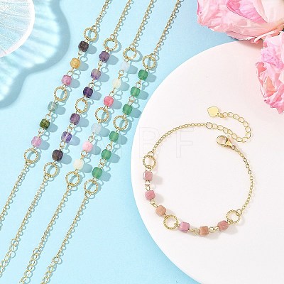 Natural Mixed Gemstone Faceted Cube Beaded Brass Chain Bracelets for Women BJEW-JB14334-1