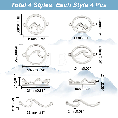 Unicraftale 16Pcs 4 Styles 201 & 304 Stainless Steel Connector Charms STAS-UN0047-47-1