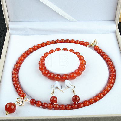 Natural Carnelian Round Beaded Necklaces & Beaded Bracelets & Dangle Earrings Sets WGE6446-12-1